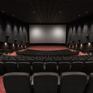 a large, empty movie theatre auditorium inside a modern London cinema multiplex